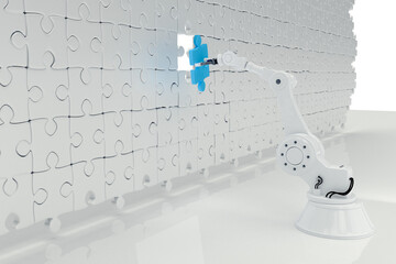 Poster - robotic arms arranging blue jigsaw piece on puzzle