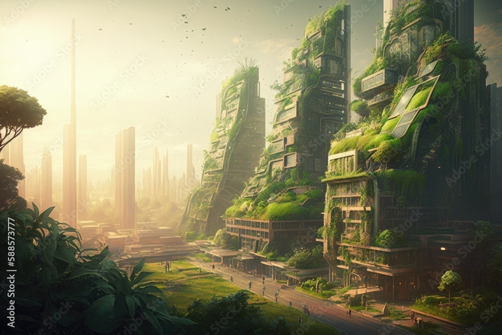 A futuristic cityscape featuring green infrastructure such as rooftop ...