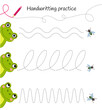 Handwriting practice sheet. Basic writing. Educational game for children. Help the frogs catch the flies.
