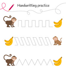 Sticker - Handwriting practice sheet. Basic writing. Educational game for children. Help the monkeys get the bananas.
