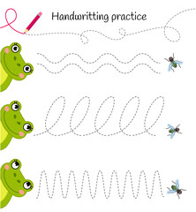 Sticker - Handwriting practice sheet. Basic writing. Educational game for children. Help the frogs catch the flies.
