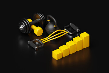 Wall Mural - 3D illustration, black dumbbells, kettlebells,  against the background of a growth graph on a black background.