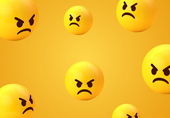 Wall Mural - 3d angry emoji face background collection. grumpy yellow emoticon for social network media - mad pouting emojis - anger, enraged, hate emoticon set - cute smiley smiling emoticons. Vector illustration