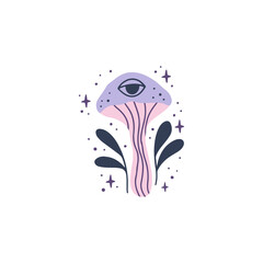 Wall Mural - Mystical mushroom with third eyes, floral elements. Trippy fungi amanita, toadstool vector illustration. Magical witchy plant isolated on white. Whimsical fantasy poster.