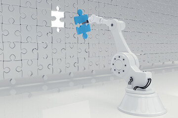 Poster - robotic hand putting blue jigsaw piece on puzzle