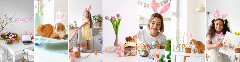 Wall Mural - Festive collage for Easter celebration with happy girls, cute cat, tasty cakes and painted eggs at home
