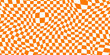 Trippy checkerboard background. Orange retro psychedelic checkered wallpaper. Wavy groovy chessboard surface. Distorted and twisted geometric pattern. Abstract vector backdrop