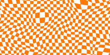 Trippy Checkerboard Background. Orange Retro Psychedelic Checkered Wallpaper. Wavy Groovy Chessboard Surface. Distorted And Twisted Geometric Pattern. Abstract Vector Backdrop
