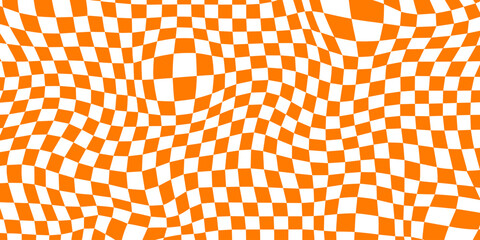 Trippy checkerboard background. Orange retro psychedelic checkered wallpaper. Wavy groovy chessboard surface. Distorted and twisted geometric pattern. Abstract vector backdrop