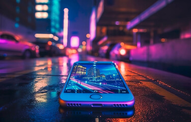 Cell phone reflecting the city lights, technology and lifestyle concept, image created with AI