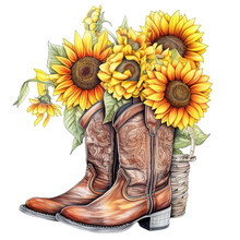 Cowboy Boots Decorated Sunflower On Transparent Background. Generative AI