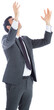 Unsmiling businessman with arms raised