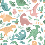 Fototapeta Dinusie - Seamless vector pattern with cute hand drawn cartoon dinosaurs, leaves and branches isolated on white background. Illustration for print, wallpaper, card, nursery decoration, textile