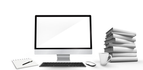 Leinwandbilder - Computer by stacked book and cup