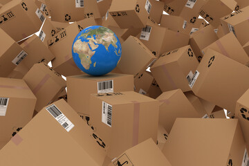 Poster - Blue sphere globe amidst cardboard boxes