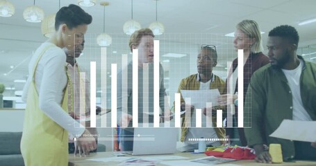 Wall Mural - Animation of graph and loading bars over diverse coworkers discussing reports on laptop in office