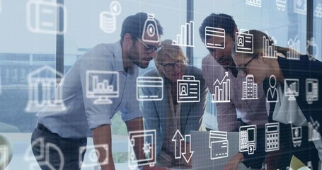 Poster - Animation of multiple icons over diverse coworkers discussing report on laptop in office