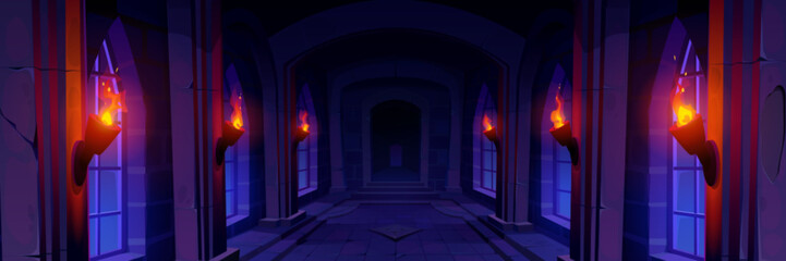 Wall Mural - Night medieval stone castle cartoon game background. Mystic dungeon interior with floor, wall, window and fire torch. Fantasy palace corridor perspective view with symmetry inside design to explore.