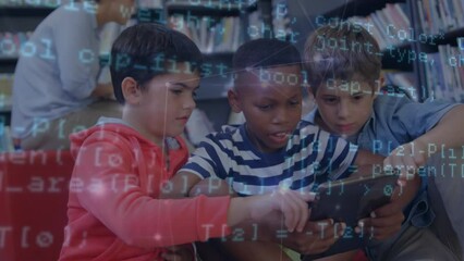 Poster - Animation of data processing and light spots over diverse schoolchildren using tablet in library