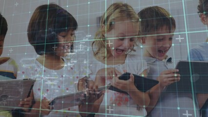 Poster - Animation of squares moving over happy diverse schoolchildren using tablets