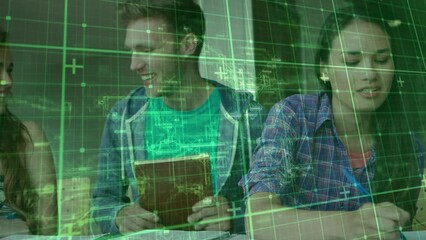 Poster - Animation of data processing and shapes over happy caucasian students writing in notebooks
