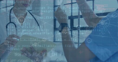 Poster - Animation of connected icons, programming language over diverse doctors treating patient in hospital