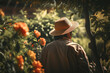 Unrecognizable male gardener in straw hat in garden outdoors on sunny day. Hobby gardening, floriculture concept. Close-up, view from the back. Generative AI