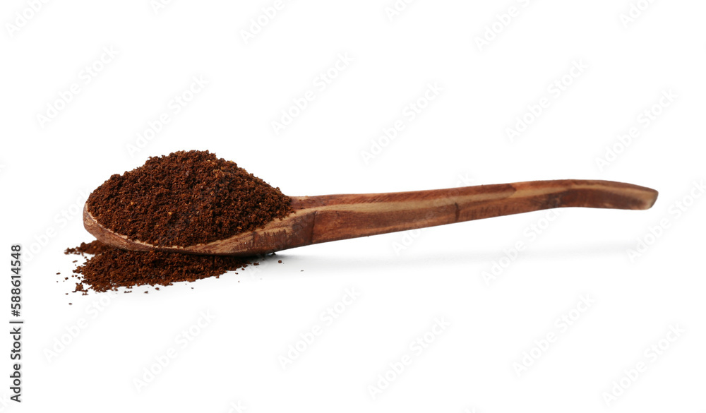 Wooden spoon with coffee powder isolated on white background
