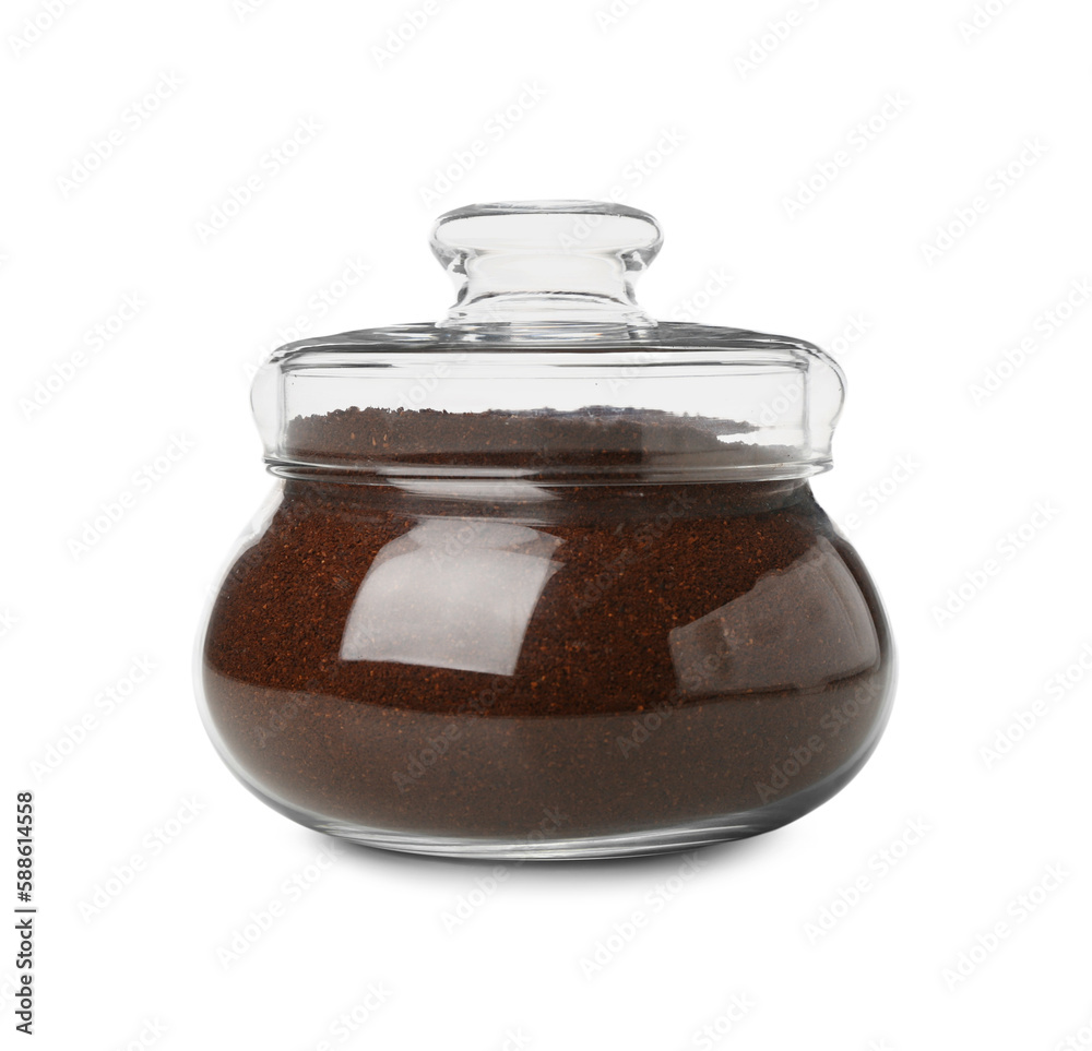 Jar with coffee powder isolated on white background