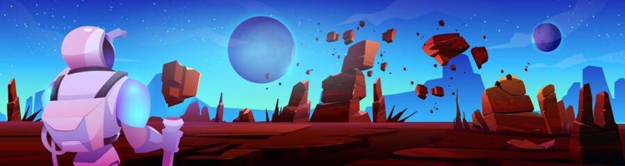 Poster - Astronaut on alien planet cartoon background. Cosmonaut in space suit and helmet explore futuristic fantasy universe landscape. Science man on mars desert ground mission game search human scene.
