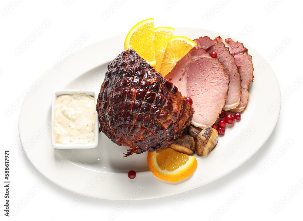 Plate with tasty smoked ham isolated on white background