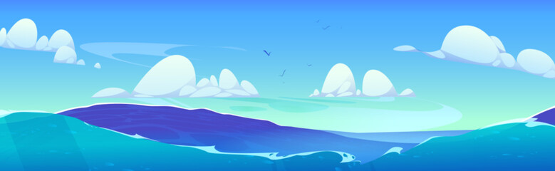 Wall Mural - Ocean wave and blue sky with cloud vector background. Sea cartoon panoramic landscape. Sunny horizon skyline scene. Wild seaside with water splash, foam and flying birds
