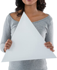 Mid section of woman holding triangle shaped placard