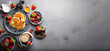 © MAJGraphics - Delectable Detailed Top View Breakfast Background with Fresh Ingredients on a light gray concrete table, Banner, Generative AI