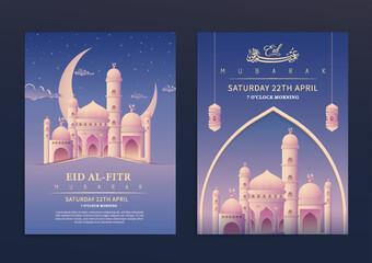 Wall Mural - Cute mosque eid al-fitr mubarak poster template set