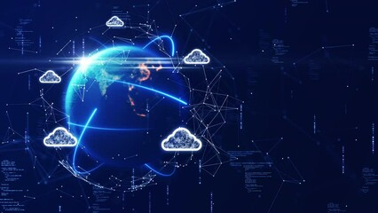 Wall Mural - cloud and edge computing technology. Secure database storage is protected from unauthorized access and cyber threats. Polygons and interconnected global cloud network on dark blue background.