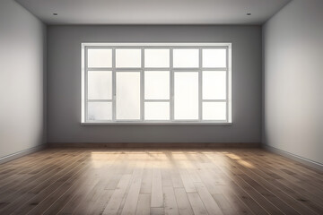 A large window in a room with a white wall. The room is empty and has a clean, minimalist look