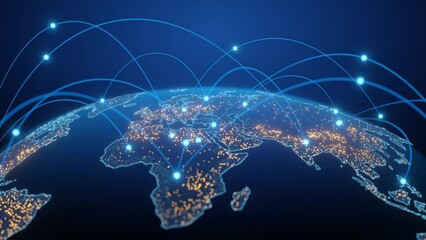 Wall Mural - Tech earth globalization in 3d animation. Global Business dots on rotating planet.