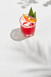 Tropical cocktail - gin fizz. Berry gin fizz on white background with shadows. Lifestyle summer drink menu. Sour cocktail with citrus and foam. Aesthetic alcohol drink. Red berry mocktail.