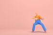 © Ake - The woman with golden hair tied in a bun wearing blue corduroy pants and Orange T-shirt with white stripes.  He is pulling or pushing something. 3d rendering of cartoon character in acting.
