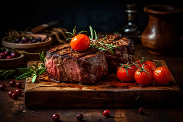 Wall Mural - Succulent thick juicy portions of grilled fillet steak served with tomatoes and roasted vegetables on an old wooden board