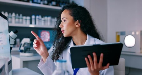 Poster - Tablet, research and woman scientist in lab for medical analysis and innovation in laboratory. Pharmaceutical analytics, medicine study and technology, doctor checking internet data or online results
