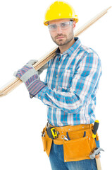 Wall Mural - Construction worker carrying wooden planks