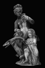  Mighty goddess of the love Aphrodite (Venus) and Cupid on swan. Ancient statue on black background. Black and white vertical image.