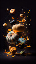 Group Of Pumpkins Vegetable Creatively Falling-Dripping Flying Or Splashing On Black Background Generative AI