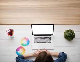Poster - Overhead view of businesswoman using laptop