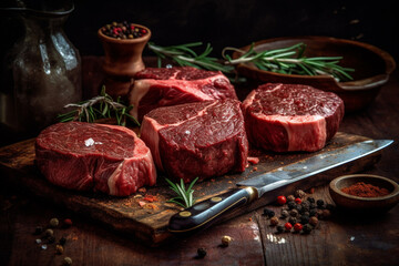 Poster - Variety raw beef steaks for grilling with spices and utensils on dark rustic board
