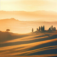 Poster - Tuscan rolling hills with cypresses and oak trees, generative AI illustration