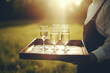 © junghc1 - Waiter at a party, carrying a tray with champagne or wine glasses. Outdoor wedding. Generative AI.
