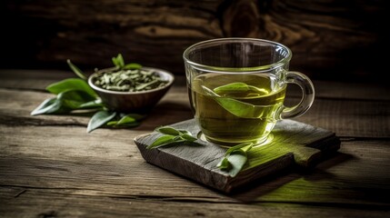 Green tea on rustic wooden background (Generative AI)